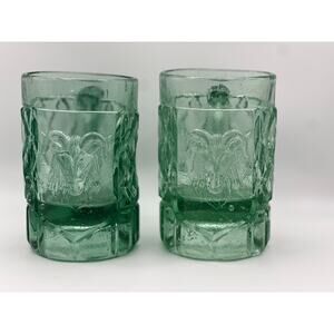 Vintage Green Glass Ram Head “Chivo” Mugs Pair Heavy Mexican Barware